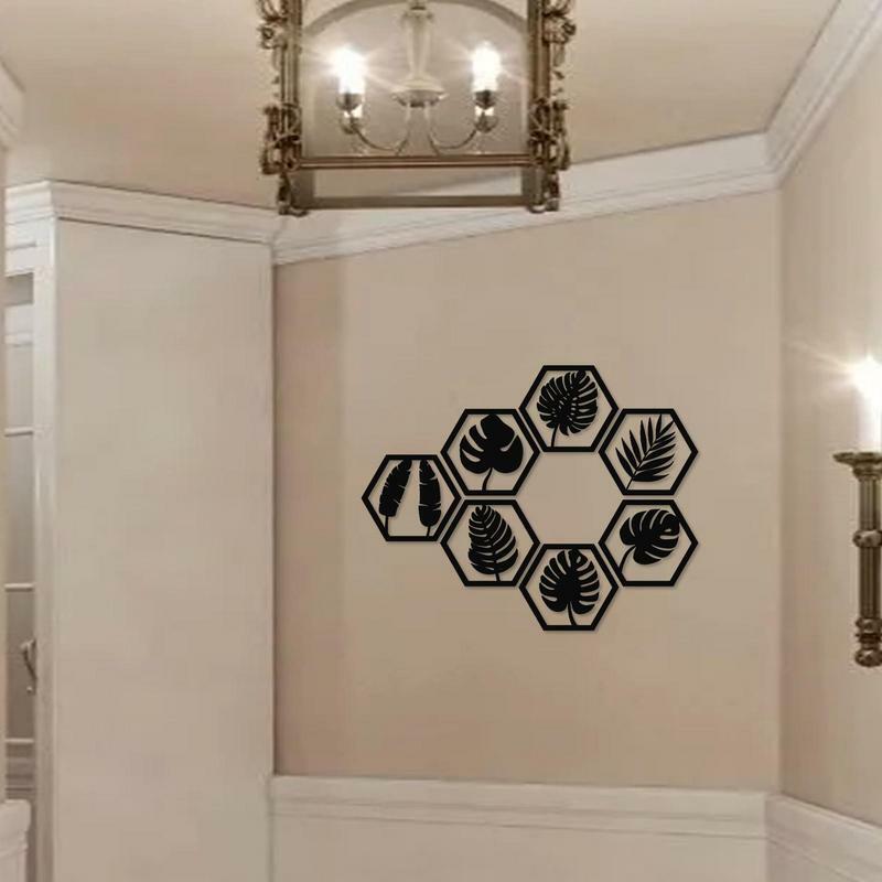 Calcomanías hexagonales de madera de nido de abeja para decoración del hogar, calcomanías de pared de hojas tropicales para sala de estar