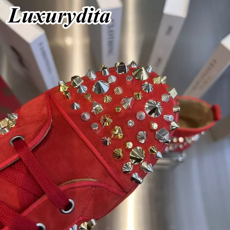 LUXURYDITA designerska męska trampki prawdziwa skóra czerwona podeszwa luksusowa damska buty do tenisa 35-47 modne mokasyny Unisex HJ404