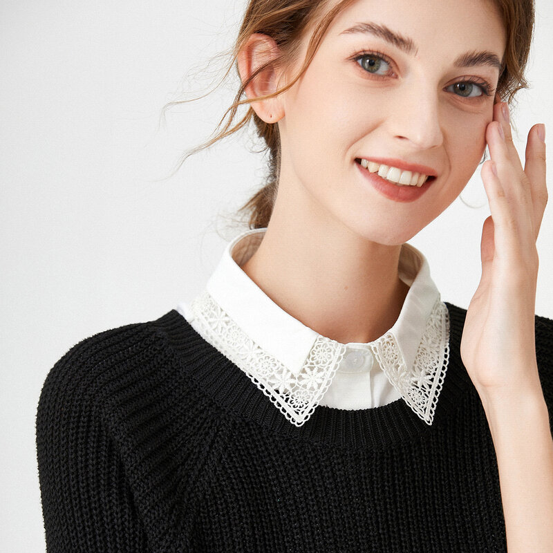 Suéter con cuello falso calado para mujer, camisa con decoración de encaje, cuello falso, Color sólido, cuello desmontable, Otoño e Invierno