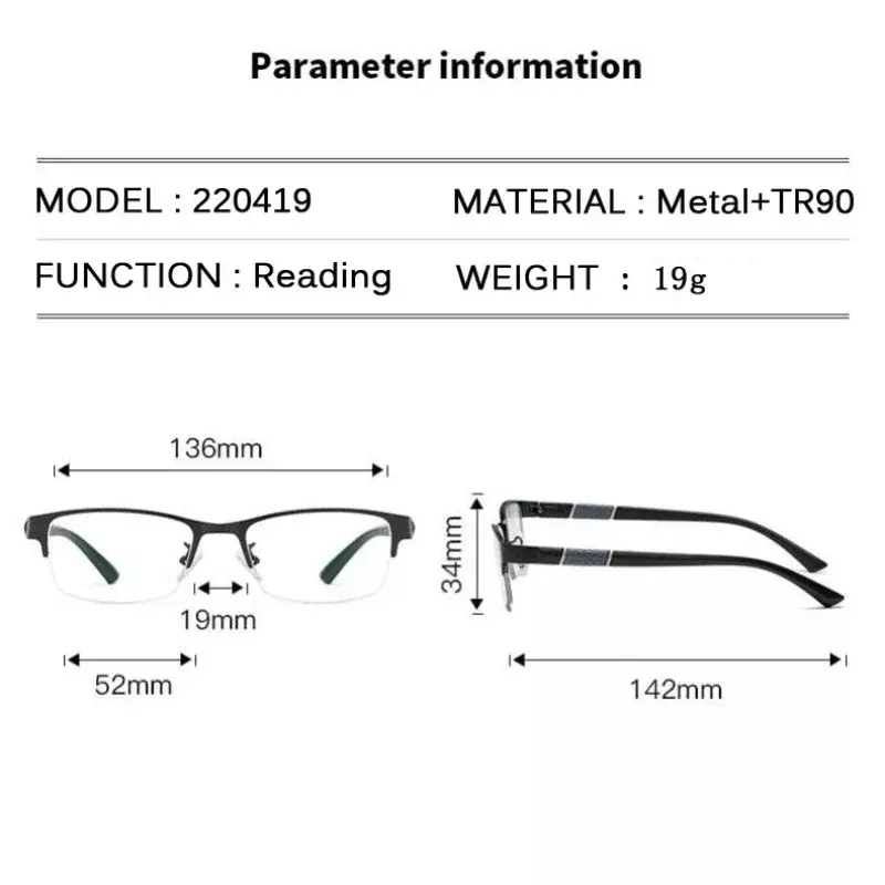 نظارات قراءة مضادة للضوء الأزرق للرجال ، نظارات لقصر النظر الشيخوخي ، نصف إطار ، نظارات رؤية بعيدة ، أعمال ، ديوبتر 0 إلى + 4.0 ، TR90