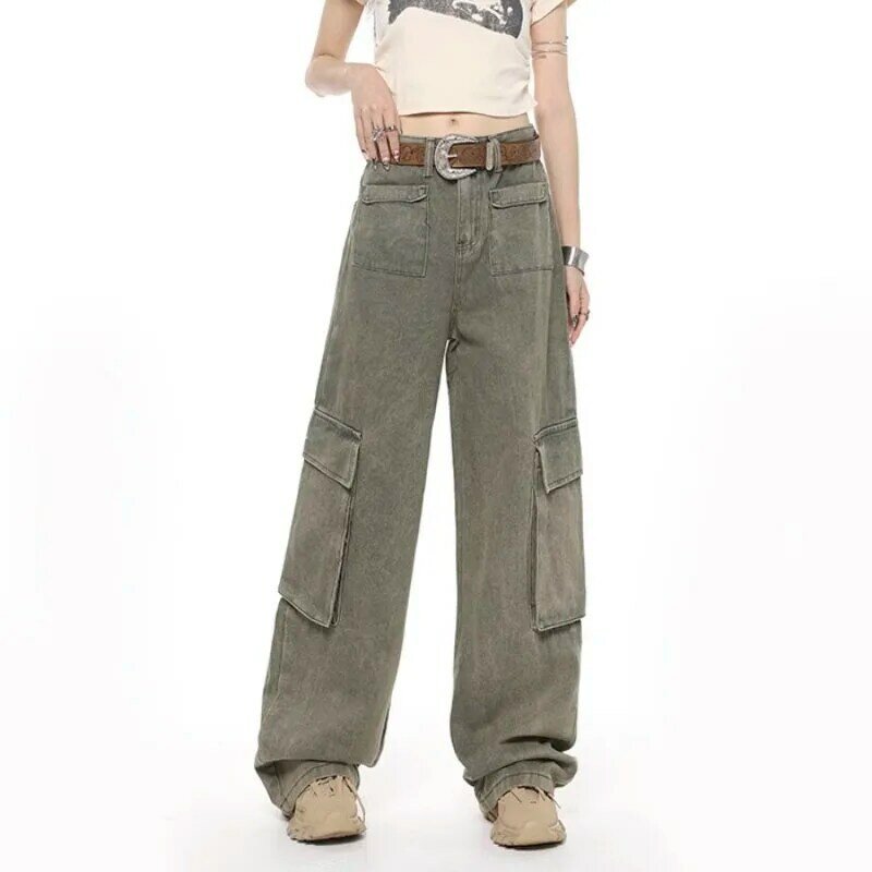 Spodnie Cargo z kieszeniami Y2K dla kobiet proste spodnie Oversize Harajuku Vintage estetyczne spodnie z wysokim stanem szerokie nogawki workowate dżinsy