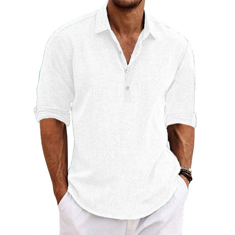 Camisa de manga longa masculina, ajuste solto, manga curta, gola virada para baixo, tecido macio e respirável, cor sólida, verão