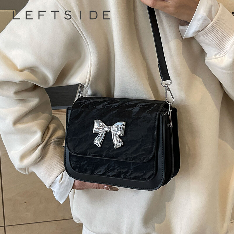 LEFTSIDE Bow Pu Leather Flap Bags for Women 2024 Fashion Female Mini Crossbody Bag Female Shoulder Bag Handbags and Purses