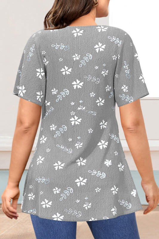 Flycurvy-Blusa informal de lino gris con estampado Floral, blusa de dos piezas con costura de encaje, talla grande