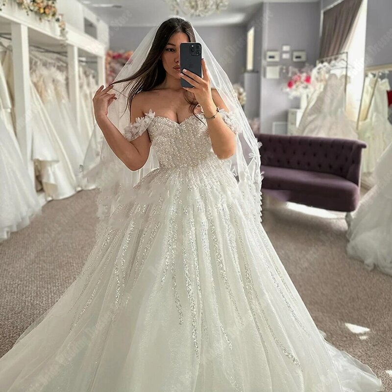 Gaun pernikahan wanita sifon bahu terbuka gaun pengantin A-Line kerah Sweetheart gaun pengantin panjang pel putri Vestidos De Novias 2024
