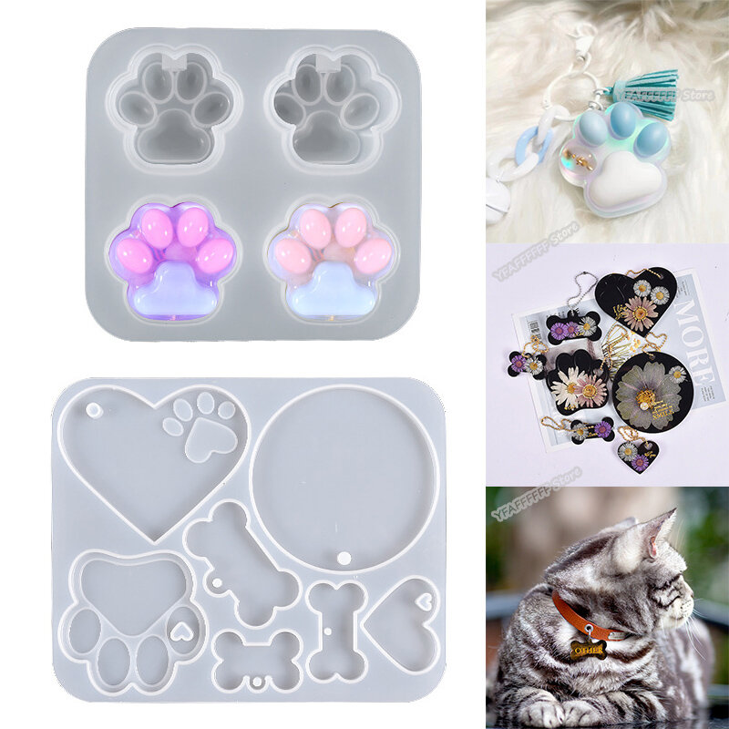 Kitten Claw Keychain Mold DIY Resin Mold Crystal Epoxy Silicone Mold Dog Tag Bone Shaped Pendant Jewelry Making Casting Mould