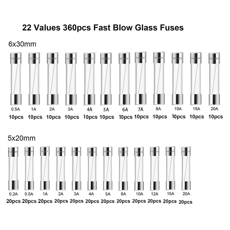 ฟิวส์แก้วที่ทนทาน360ชิ้นชุดฟิวส์หลอดแก้วฟิวส์ฟิวส์สำหรับใช้ในครัวเรือนป้องกันวงจรได้อย่างน่าเชื่อถือ
