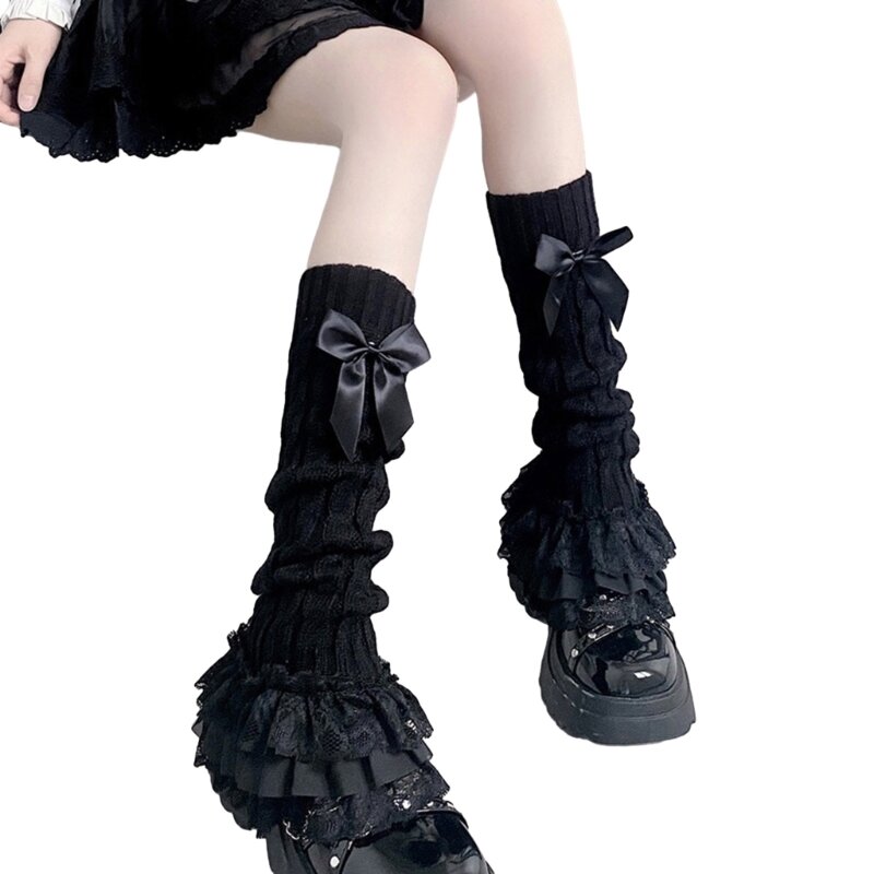 Women Twist Cable Knitted Leg Warmer Socks with Bowknot Tiered Ruffled Lace Hem Patchwork Warm Leg Cover Stockings T8NB