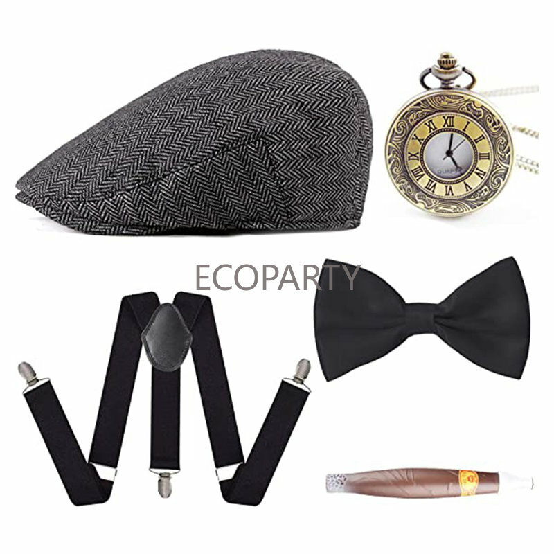 5 pezzi 1920s uomo Gatsby Gangster Costume accessori Set 30s Manhattan Gangster berretto Y-Back bretella accessorio di Halloween