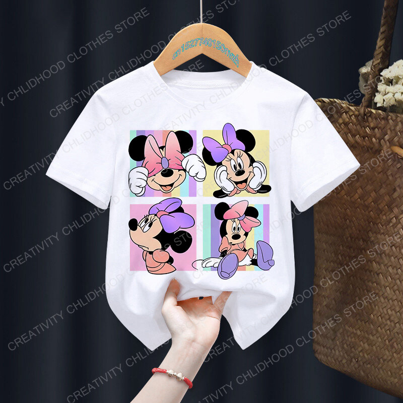 Новинка, летняя детская футболка с Минни, Милая футболка Диснея, Повседневная винтажная одежда с рисунками из аниме Микки Маус, топ для девочек и мальчиков