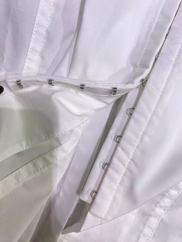 Blusa de manga comprida feminina, gola virada para baixo, fivela coberta, cintura fina, algodão, camisa branca