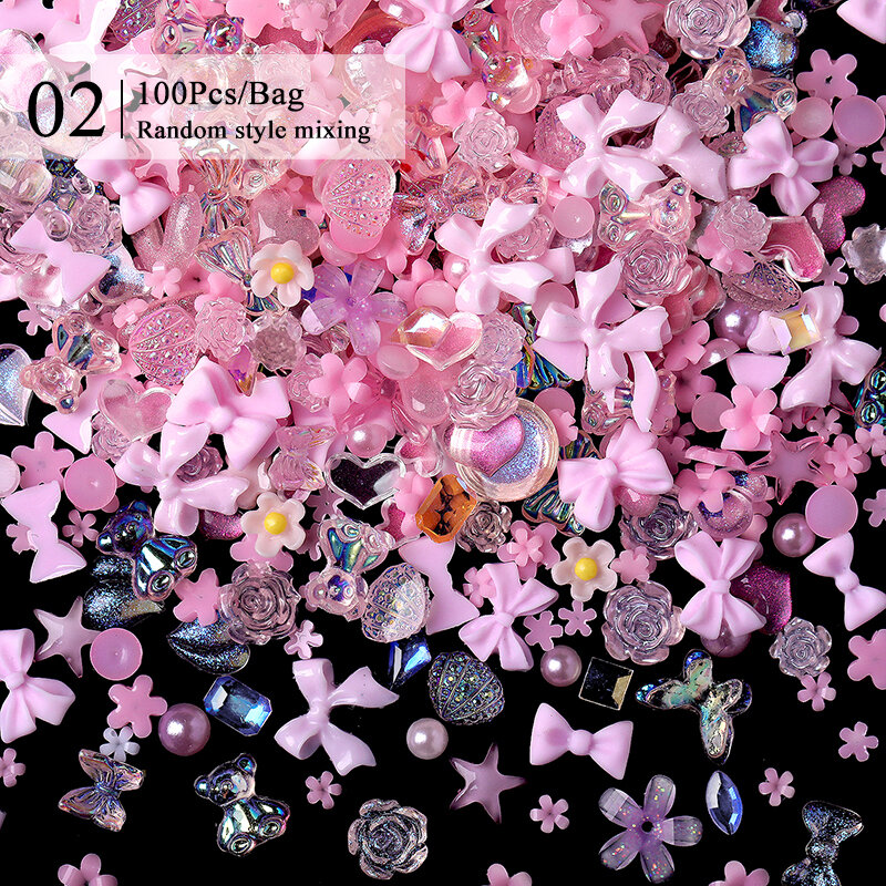 Adornos de manicura para uñas, 1 bolsa de mezcla de gemas de colores, lazo transparente, corazón, perlas, flor, Parte posterior plana