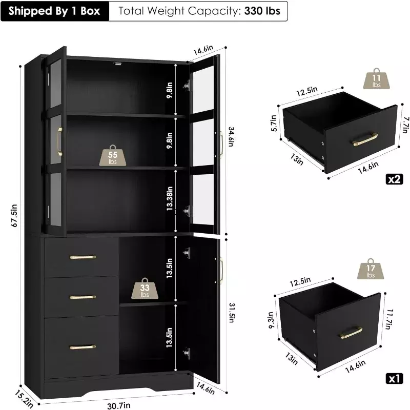 Wysoki szafka do przechowywania z 2 szkło na wyświetlacz drzwiami i półkami i 3 szufladami, nowoczesne ze lnu szafka wolnostojąca do łazienki