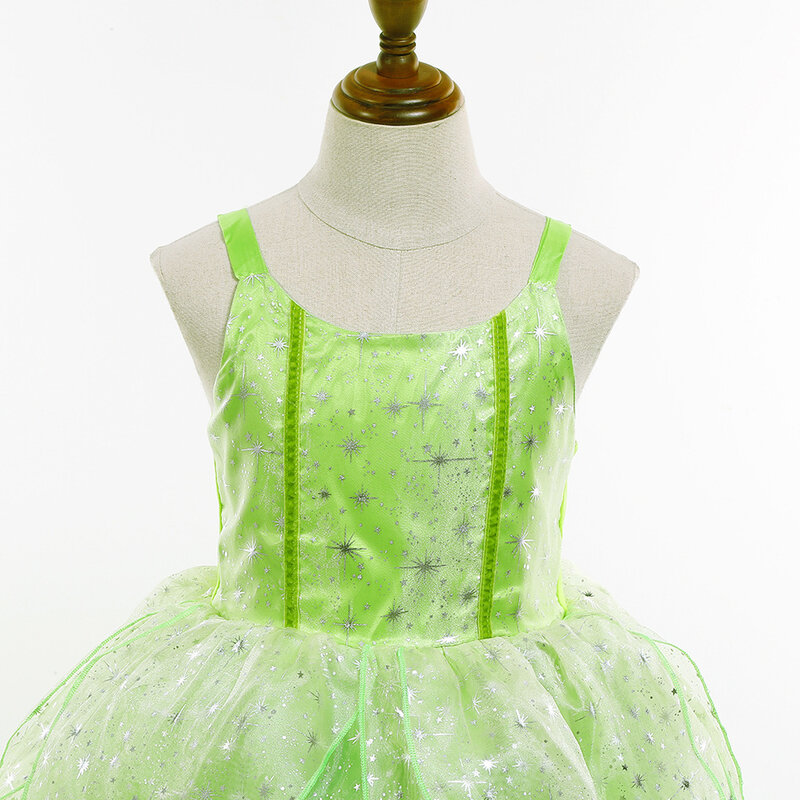 Tinker Bell Sling Dress Kids Summer Glitter Green Princess Costume Stage Performance Outfits Children Cosplay Party Elegant Gown