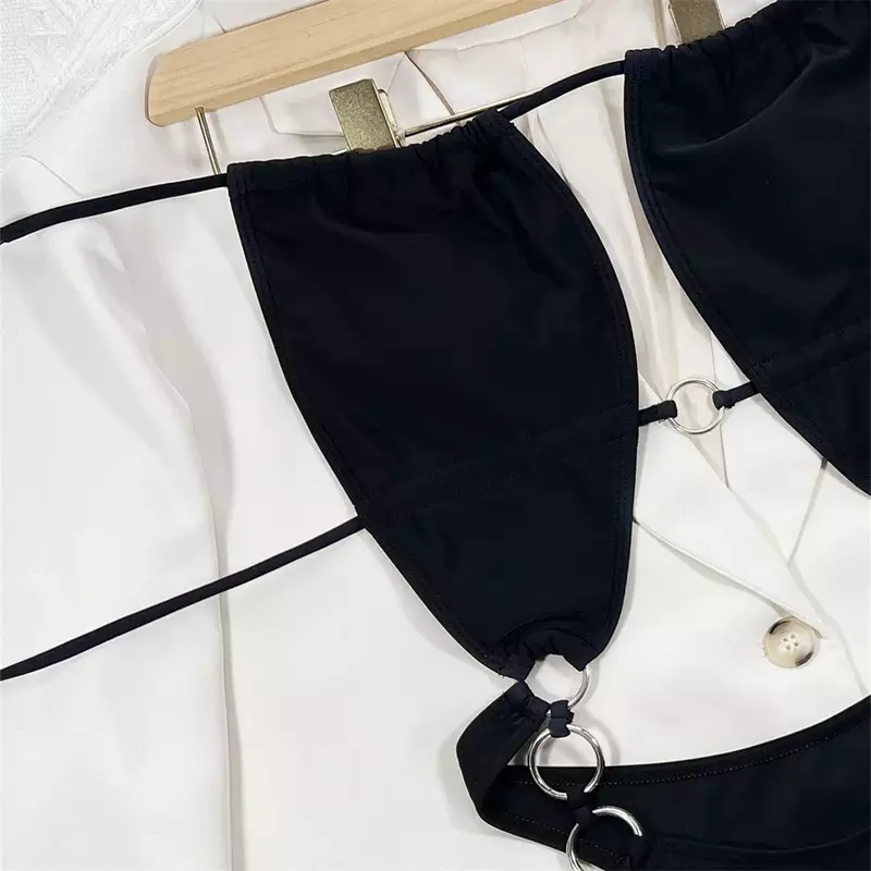 Biquíni preto sem costas feminino, Trikini sexy, maiô de uma peça, moda praia de férias, corda, Trikini, anéis, fato de banho, 2024