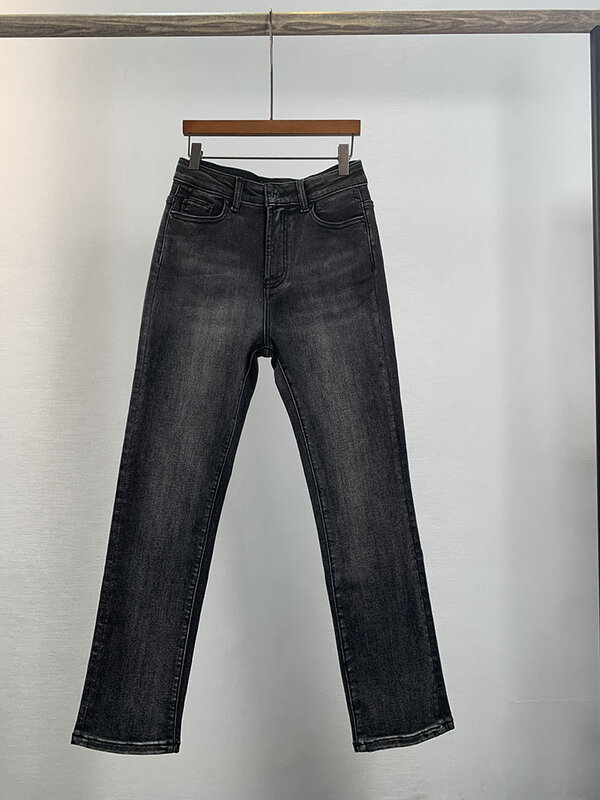 Calça jeans reta recortada feminina, cintura alta, slim, jeans de elasticidade
