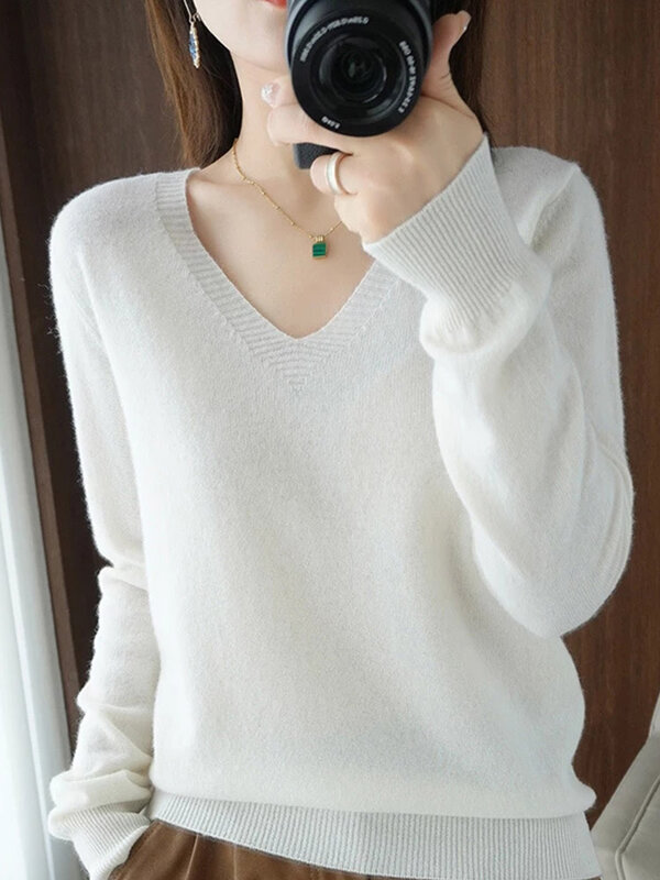 Women's Sweater 2024 Autumn Winter Knitted Pullovers V-neck Slim Fit Bottoming Shirt Solid Soft Knitwear Jumpers Basic Sweaters