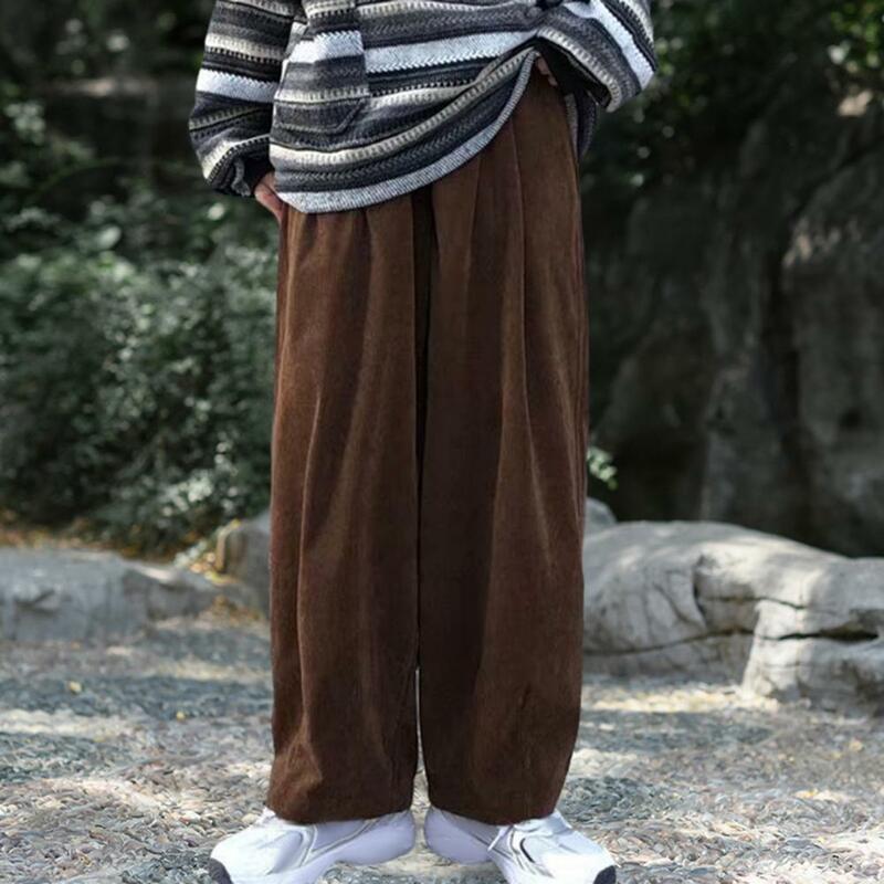 Luźny krój spodnie sztruksowe styl japoński męskie spodnie z szerokimi nogawkami z głębokim kroczem w elastycznej talii inspirowane stylem Retro na co dzień