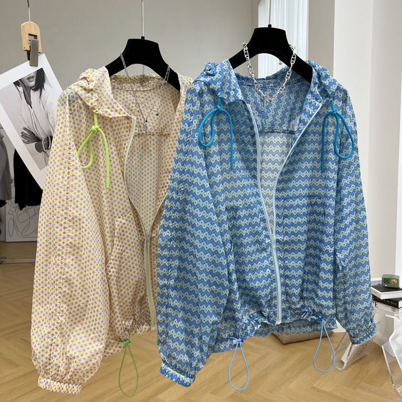 Women's Summer New Minimalist Commute Printed Hooded Drawstring Zipper Pockets Loose Long Sleeve Casual Sunscreen Clothing Coats