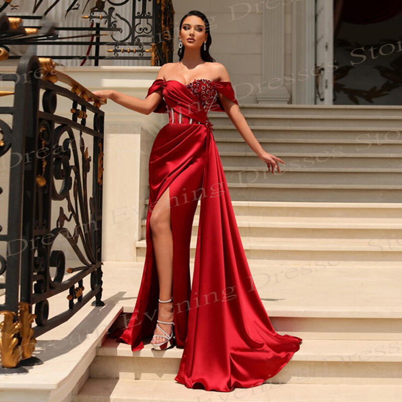 Charming Elegant Red Women's Mermaid Popular Evening Dresses Modern Off Shoulder Beaded Prom Gowns Sexy Split Formal Occasions