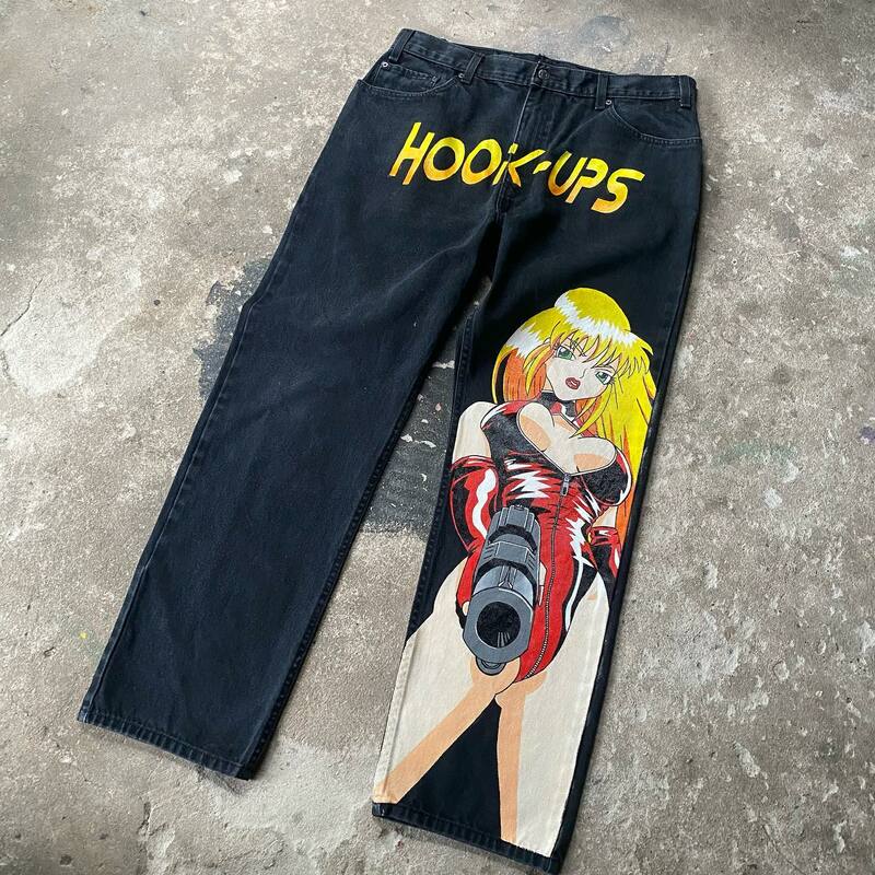Harajuku Hip Hop Anime Graphic Jeans Baggy para homens e mulheres, calças largas de cintura alta Y2K Denim Pants, Gun Girl Goth, novo