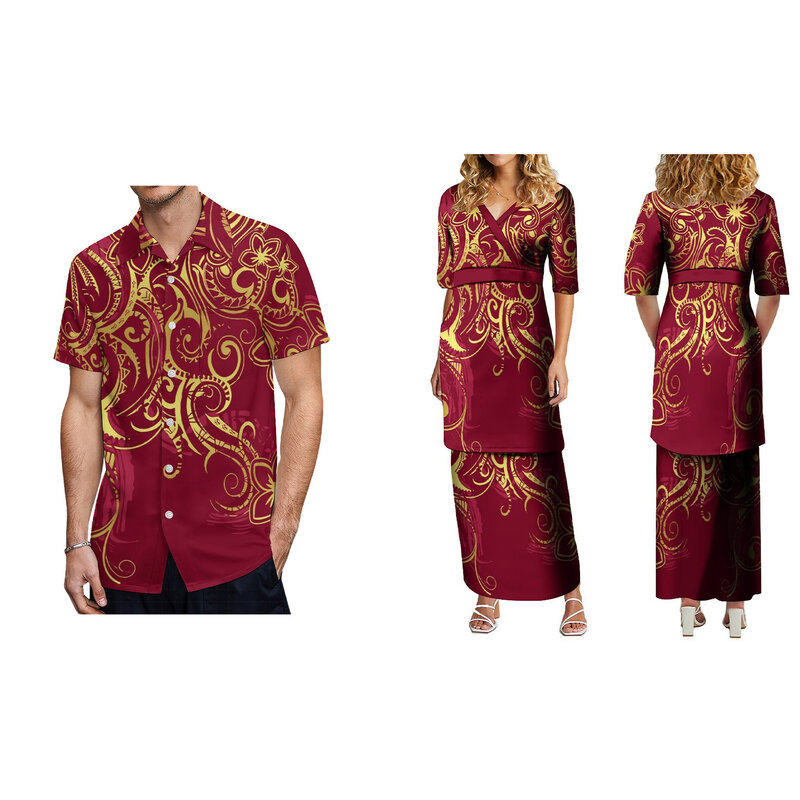 맞춤형 폴리네시아 부족 디자인 사모아 풀레타시 세트, 원피스 V 넥, 반팔, 2 피스 세트 드레스, 도매