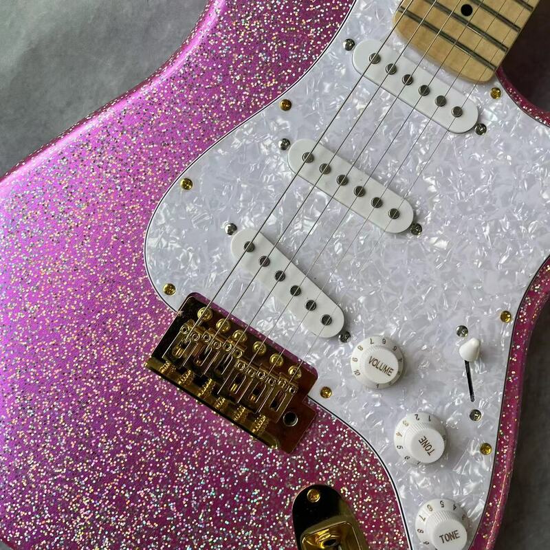 E-Gitarre mit 6 Saiten, rosa Partikel körper, Ahorn griffbrett, Ahorn bahn, echte Fabrik bilder, kann mit einem geliefert werden