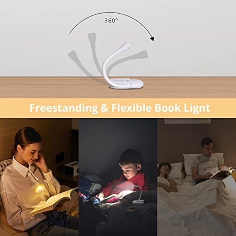 침대에서 책을 읽는 책 조명, 충전식 LED 야간 램프, 3 색 무단 밝기 클립 독서 램프