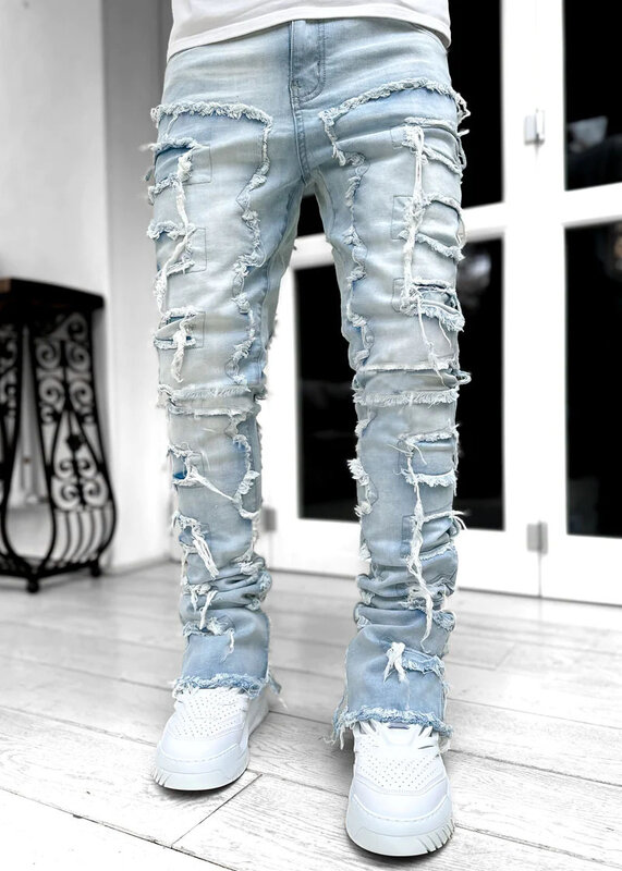 Men's Regular Fit Stacked Jeans Ripped Slim Fit Patch Distressed Destroyed Straight Denim Pants Hip Hop Streetwear Trouser Cloth