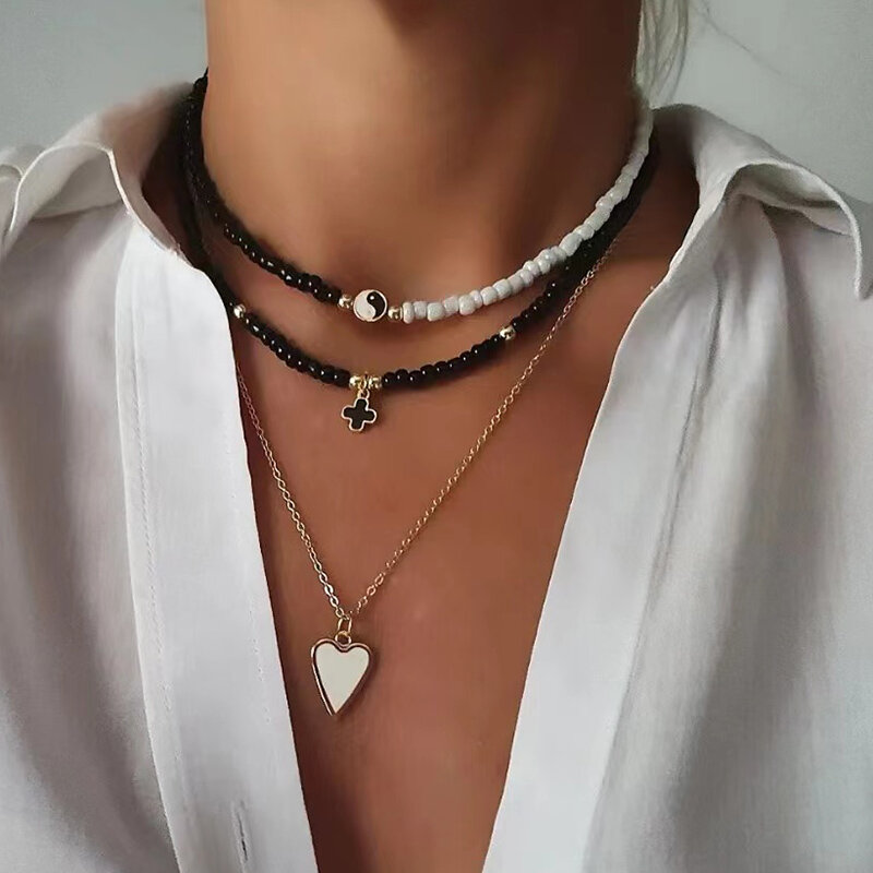 Artystyczny wielowarstwowy ręcznie robione koraliki łańcuch modne naszyjniki olej krzyż serce wisiorek biżuteria dla kobiet akcesoria X0189