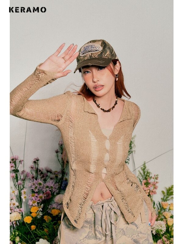 2024 Frühling Vintage Mode lässig einreihigen Pullover Frauen stricken aushöhlen Pullover Langarm V-Ausschnitt schlanke Strickjacken