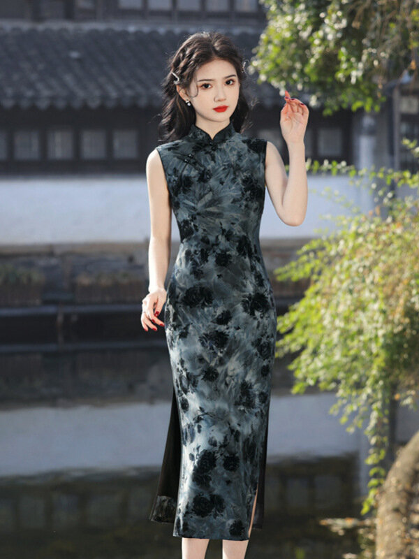 2024 Sommer neue Frauen verbessert Vintage chinesische Cheong sam Dame ärmellose Abend party Kleid Slim-Fit Frauen tägliche Kostüme Qipao