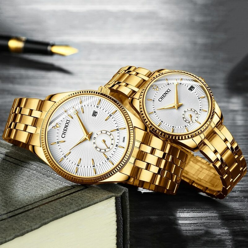 Модные парные золотые часы CHENXI, повседневные мужские и женские кварцевые часы из нержавеющей стали, светящиеся водонепроницаемые наручные часы с календарем