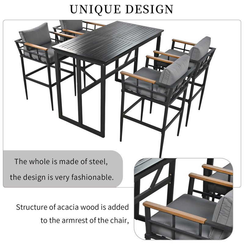 Set perlengkapan makan baja 5 buah, Meja logam persegi panjang dengan 4 kursi makan tunggal, dengan sandaran tangan kayu akasia
