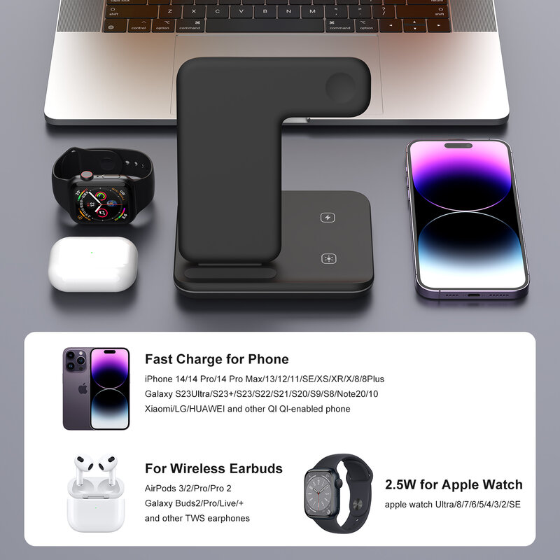 Support de chargeur sans fil pour Apple Watch, Qi Fast Charging S6 Station, iWatch S9 AirPods Pro, iPhone 15 14 13 12 Pro, 15W, 3 en 1