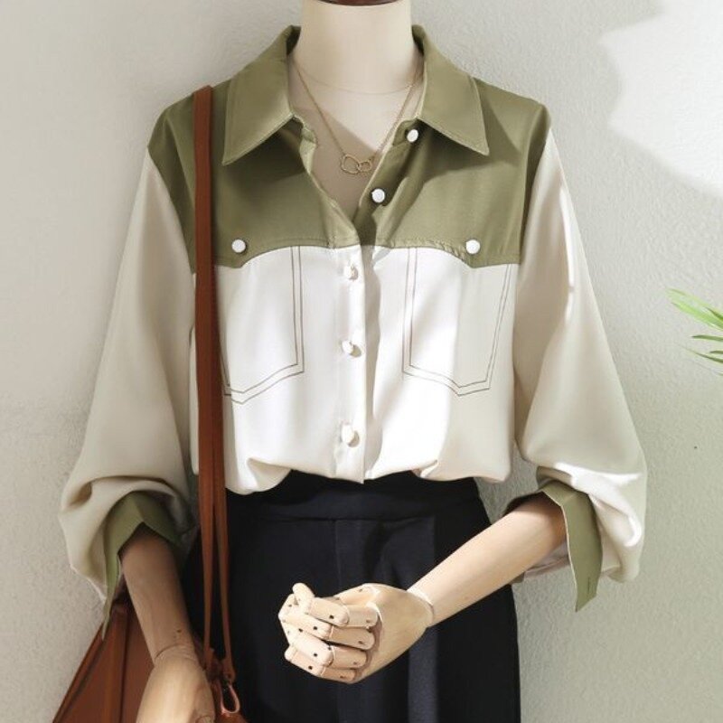 Женская блузка с отложным воротником, модная офисная свободная универсальная рубашка с длинными рукавами и карманами, в стиле пэчворк, лето 2024