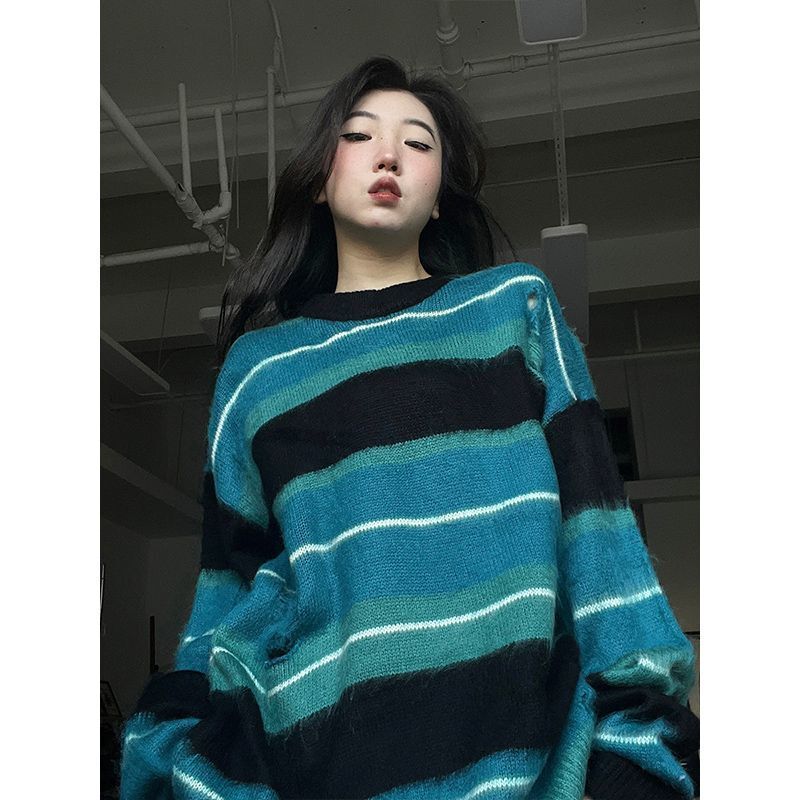 Suéter grueso japonés de manga larga para mujer, Jersey holgado de gran tamaño a rayas Vintage, ropa de calle Harajuku, Jersey de punto para invierno