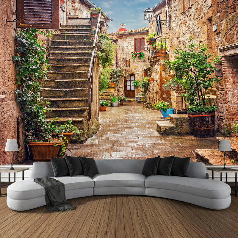 Mediterranean Outdoor Scenery Tapestry Italian Urban Rustic Flower Wall Large Wall Hanging For Patio Bedroom Wall Art Decoration