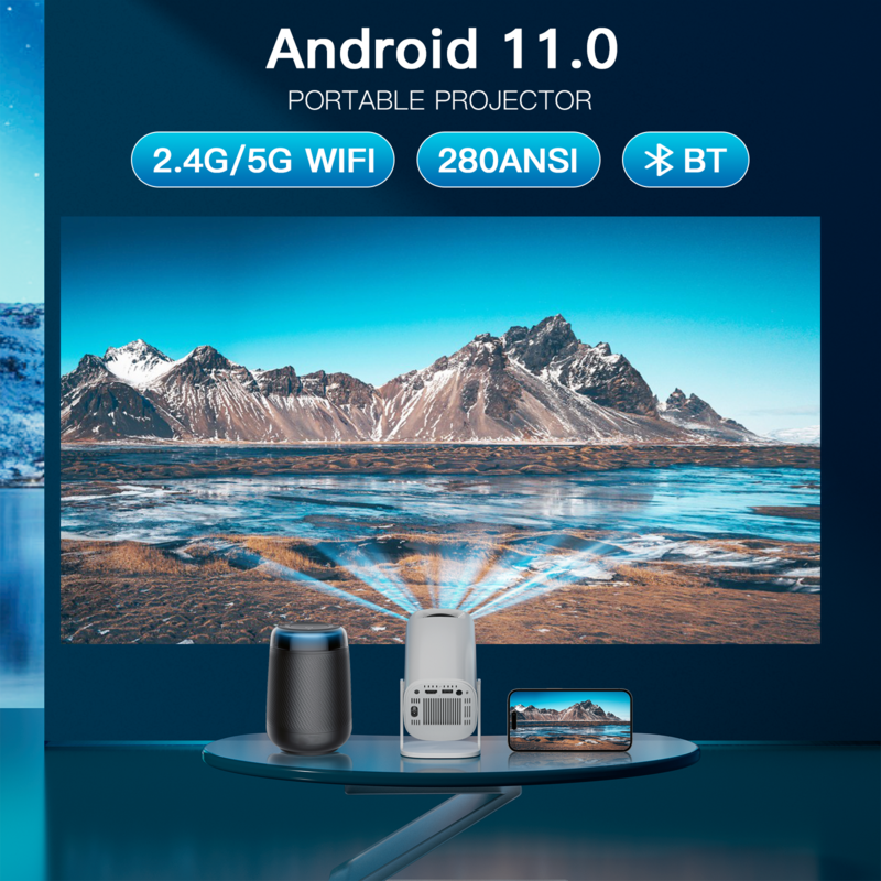 Mini Projetor Portátil Inteligente, Android 11, WiFi 6, Bluetooth, 2.4g, 5.8g, Bolso, Exterior