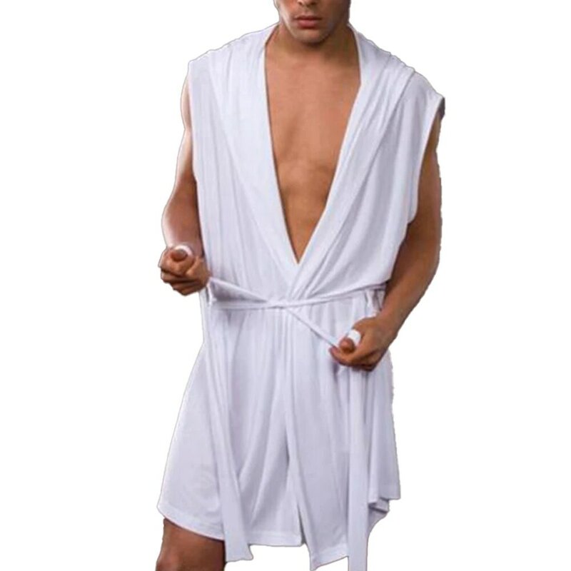 Camisola com capuz sedoso e respirável para homens, pijama sem mangas, sleepwear sexy, roupas casuais da moda, roupas domésticas