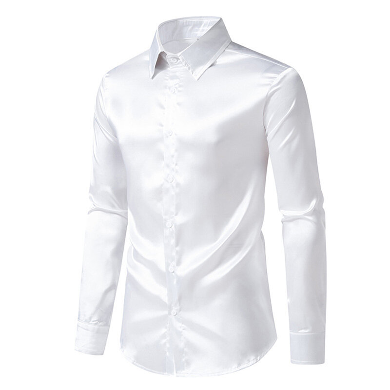 Camisas casuais de seda cetim masculinas, peito único, colarinho de lapela, camisa justa, tops de manga longa, roupa de festa, moda
