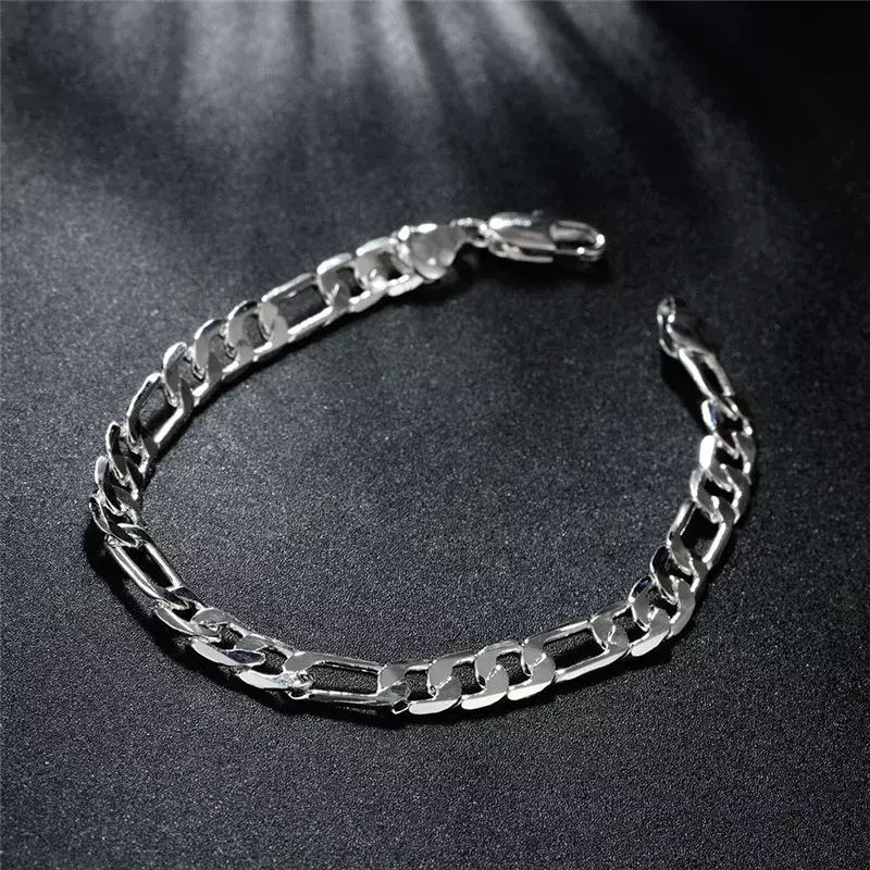 Bracelete de corrente banhado a prata para homens e mulheres, joias clássicas, elegante, bonita, alta qualidade, moda, atacado, 6mm