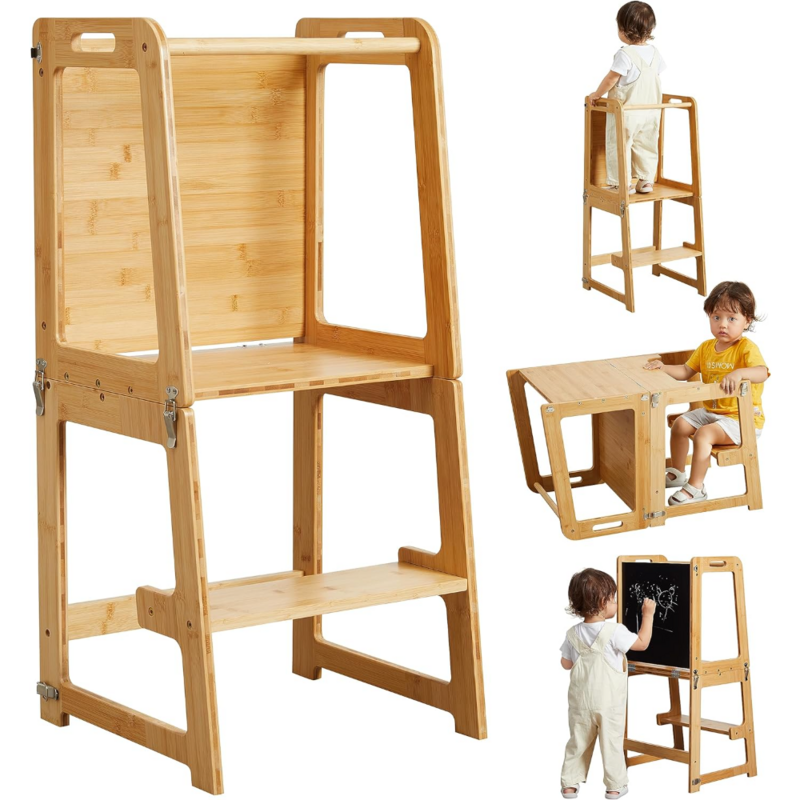 4-in-1 Standing Tower for Toddlers and Kids 1-6 Years, Bamboo Kitchen Learning Helper Stool with Chalkboard, Desk Table,