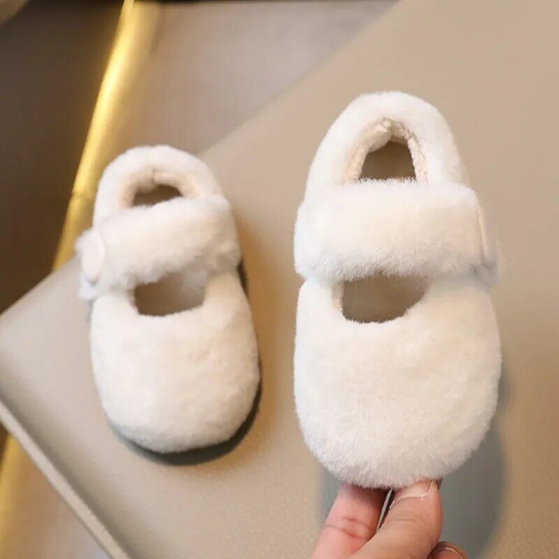 Faux Fur Mary Janes sapatos infantis, sapatos de neve branca para meninas, sapatos quentes de pelúcia infantil, bebê macio antiderrapante, inverno, 2023, 405R