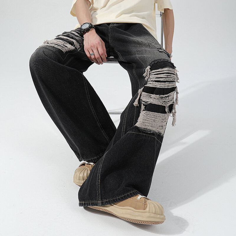 FEWQ wiosenne amerykańskie jeansy męskie z prostą nogawką luźne szerokie nogawki casualowe spodnie męskie w stylu Vintage lato z łamanym otworem