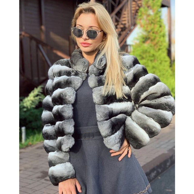 女性のためのウサギの毛皮のジャケット,大,スタンドカラー付きコート,短い毛皮のコート,暖かい冬の服
