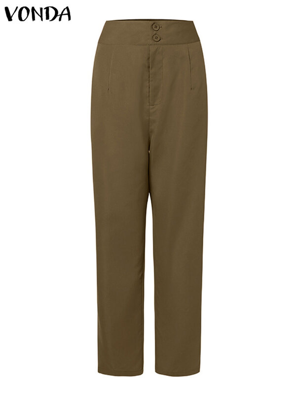 Damskie spodnie letnie VONDA Fashion High Waist Trouses 2024 Casual Loose Pockets Capris Loose Solid Color Long Harem Pants Oversize