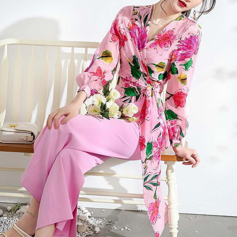 Camicia floreale Vintage primavera estate abbigliamento donna elegante fasciatura sottile elegante scollo a v pieghe camicetta a maniche lunghe stampata Folk