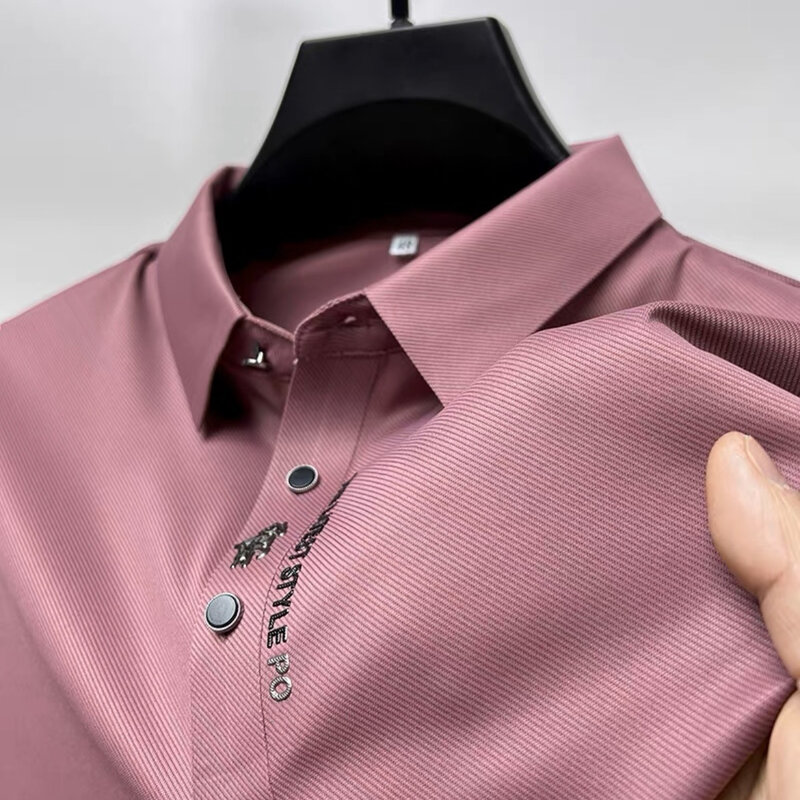 Ice Silk kaus Polo bordir pria, pakaian bisnis kasual lengan pendek Mode Korea elastis Lapel Musim Panas 2024