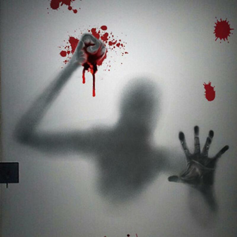 Pegatina de ventana extraíble de terror sin huellas, diseño de escena aterradora, sombra de fantasma, sangre, estampado de manos, decoración de ventana electrostática de Halloween